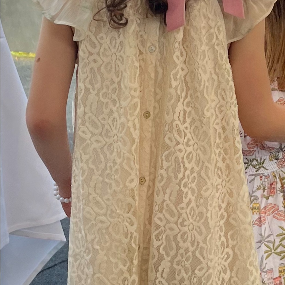LSF girls Cream Lace Dress with Sheer floral flutter cap sleeve